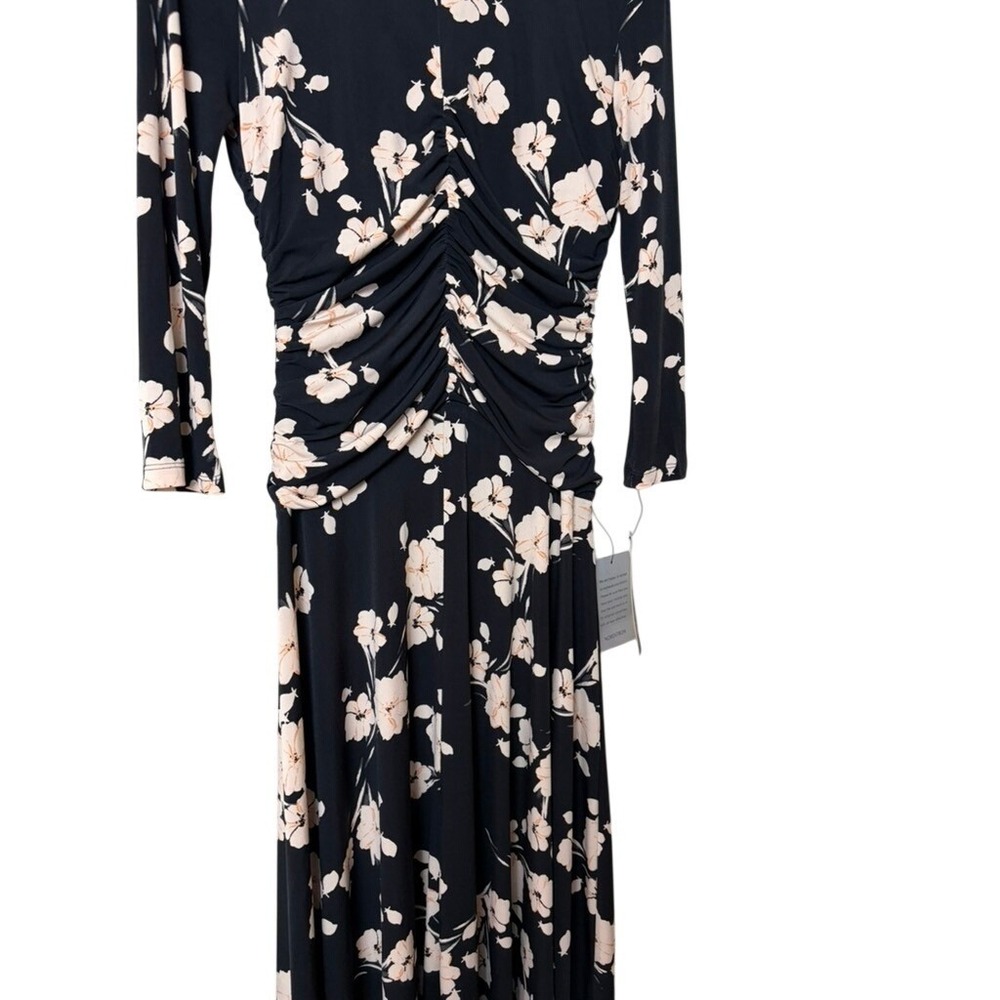 Maggy London Floral Ruched Midi Dress Black Coral Size 0 NEW - Picture 2 of 7